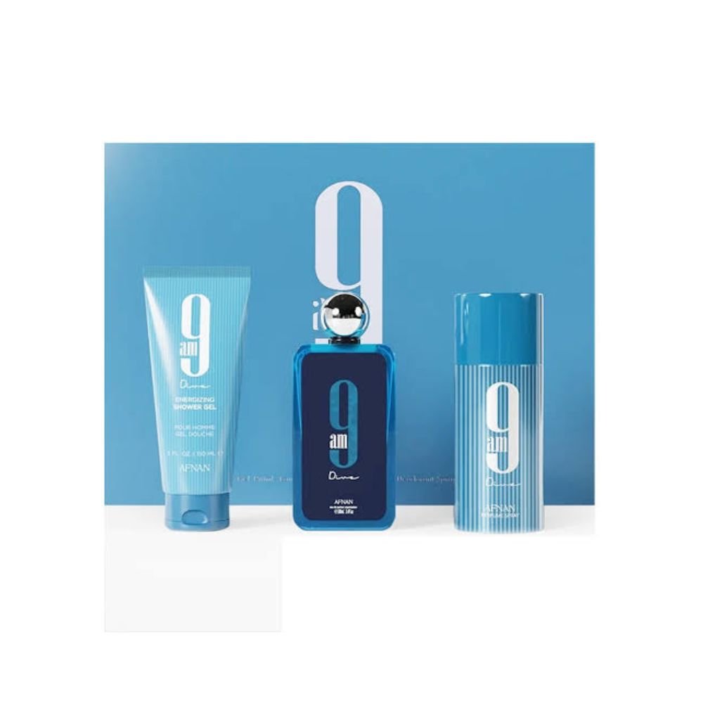 Kit Afnan 9AM – Perfume + Deo Spray + Sabonete Líquido