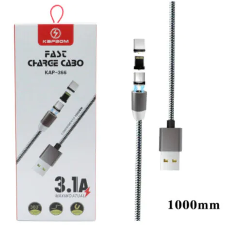 Cabo Magnético 3 em 1 V8, Type C, IOS Lightning 1 Metro - KAP-366