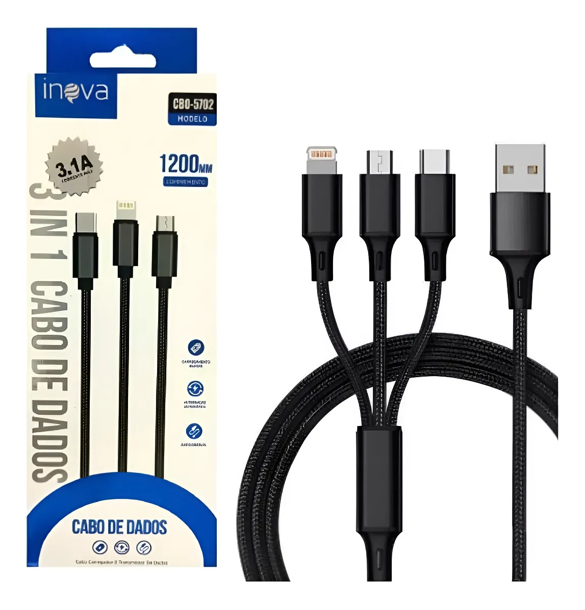 Cabo Triple 3 Em 1 Micro Usb-c Turbo 3.1a Inova Original